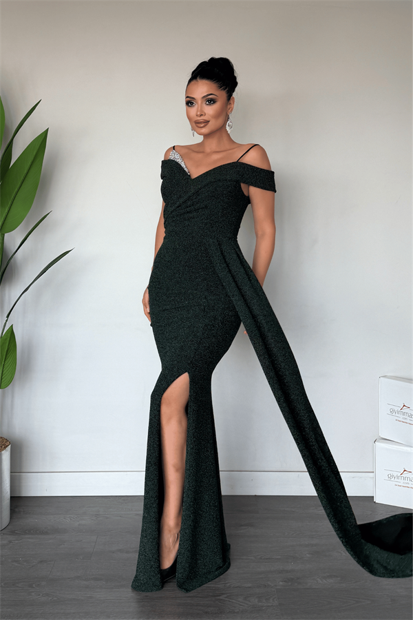 Metalik Kumaş Şal Detaylı Abiye Elbise - ZÜMRÜT YEŞİLİ