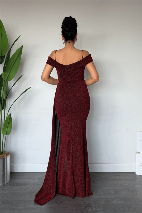Metalik Kumaş Şal Detaylı Abiye Elbise - BORDO