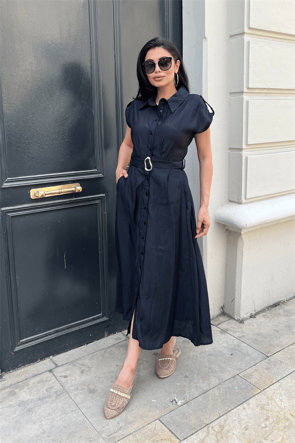 Modal Kumaş Düğme Detayli Midi Elbise - SİYAH