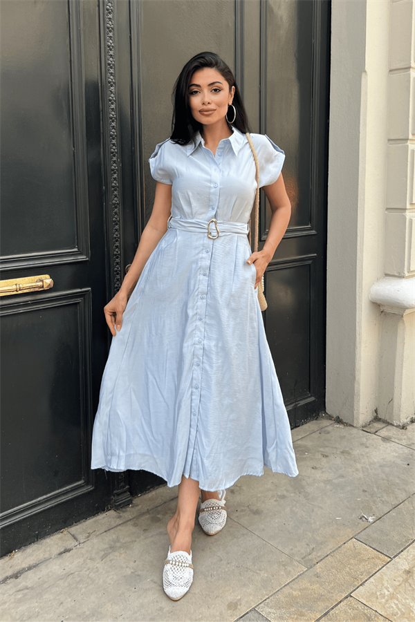 Modal Kumaş Düğme Detayli Midi Elbise - BUZ MAVİ