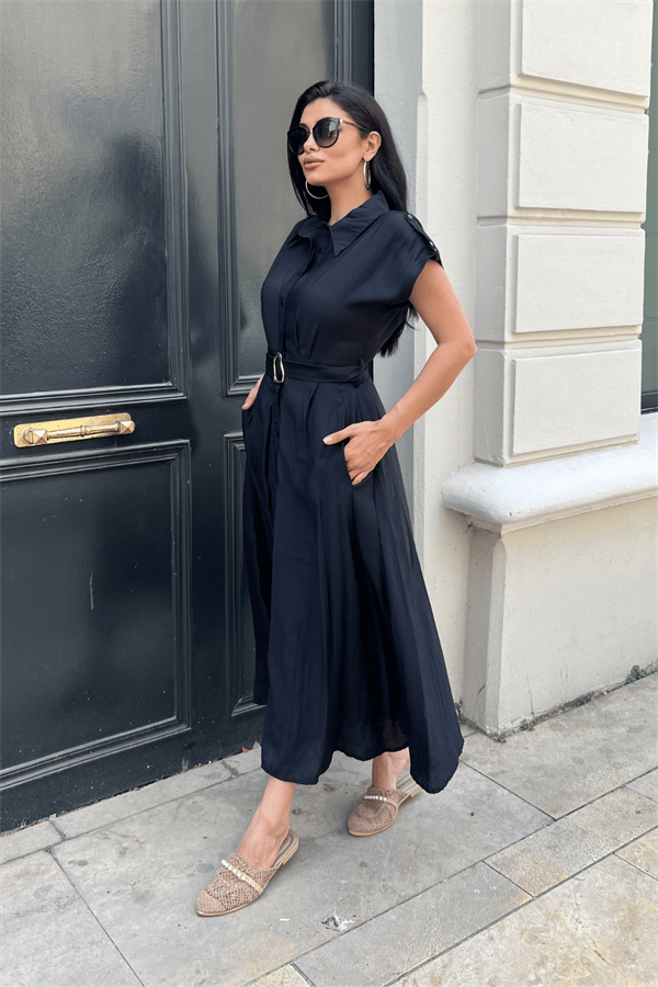 Modal Kumaş Düğme Detayli Midi Elbise - SİYAH