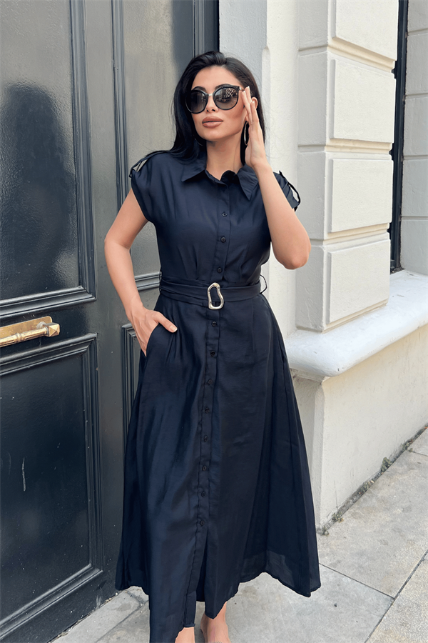 Modal Kumaş Düğme Detayli Midi Elbise - SİYAH