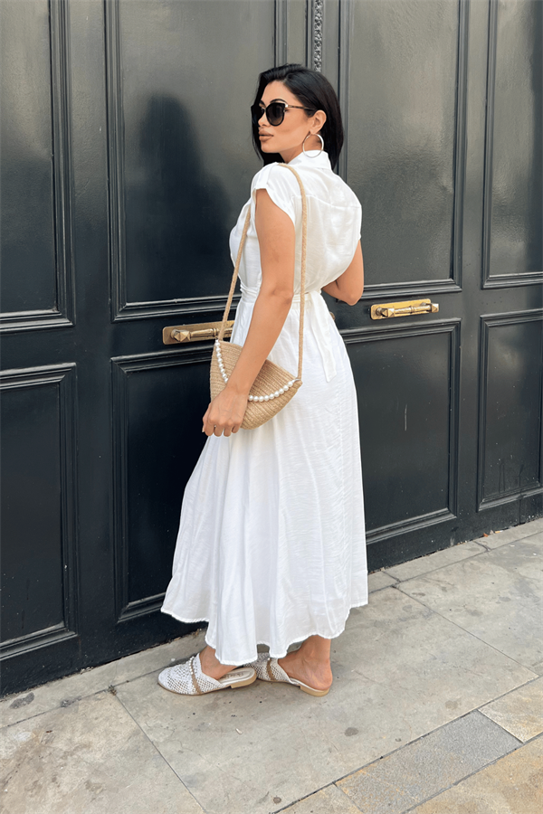Modal Kumaş Düğme Detayli Midi Elbise - BEYAZ
