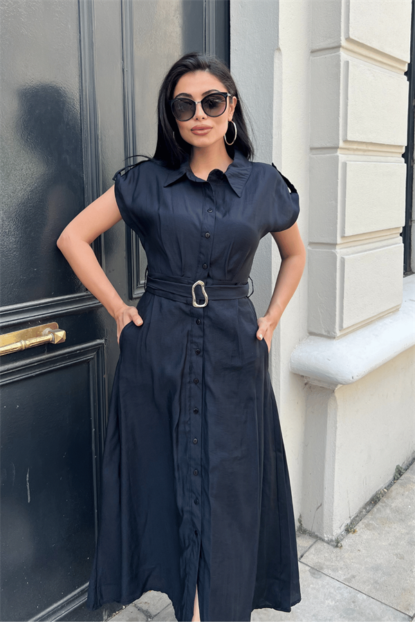 Modal Kumaş Düğme Detayli Midi Elbise - SİYAH