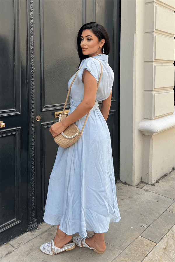 Modal Kumaş Düğme Detayli Midi Elbise - BUZ MAVİ