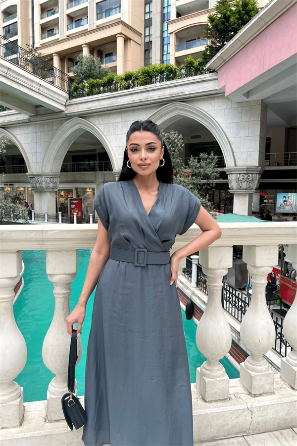 Modal Kumaş Kruvaze Yaka Midi Elbise - ANTRASİT