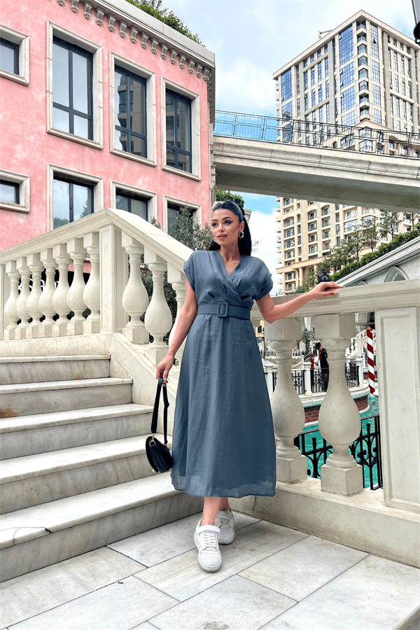 Modal Kumaş Kruvaze Yaka Midi Elbise - ANTRASİT