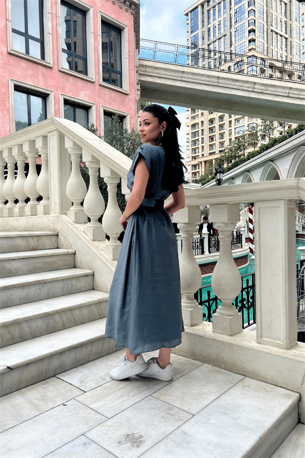 Modal Kumaş Kruvaze Yaka Midi Elbise - ANTRASİT