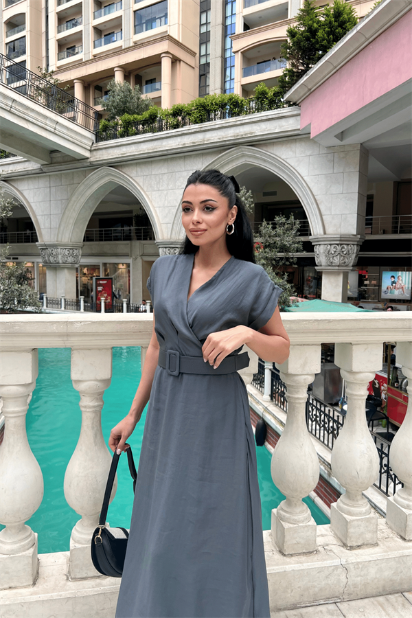 Modal Kumaş Kruvaze Yaka Midi Elbise - ANTRASİT