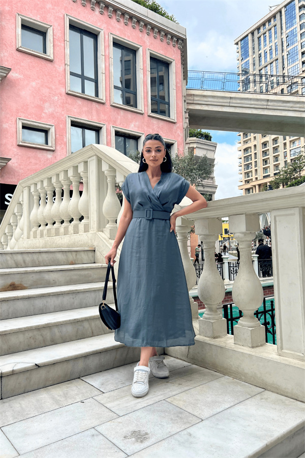 Modal Kumaş Kruvaze Yaka Midi Elbise - ANTRASİT