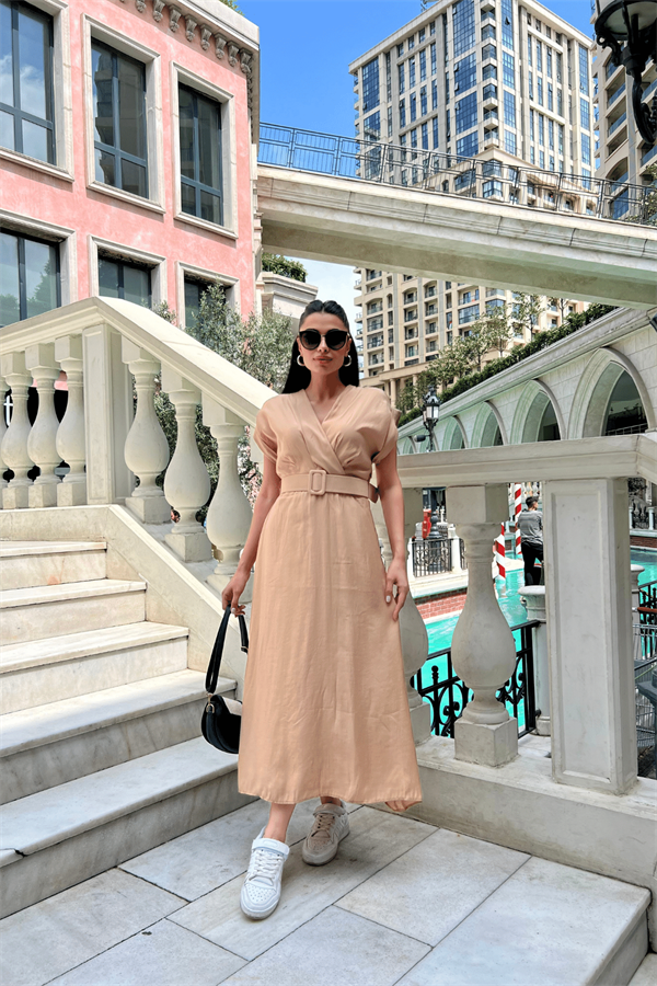 Modal Kumaş Kruvaze Yaka Midi Elbise - KREM