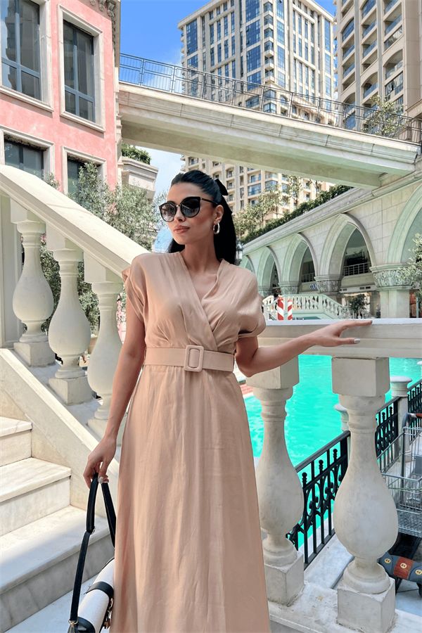 Modal Kumaş Kruvaze Yaka Midi Elbise - KREM