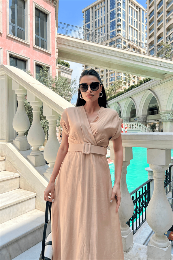 Modal Kumaş Kruvaze Yaka Midi Elbise - KREM