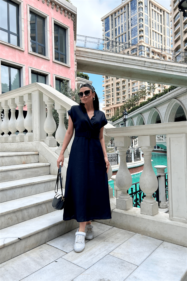 Modal Kumaş Kruvaze Yaka Midi Elbise - SİYAH