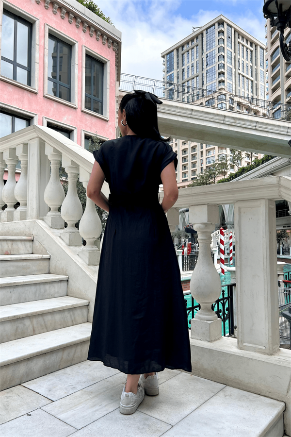 Modal Kumaş Kruvaze Yaka Midi Elbise - SİYAH