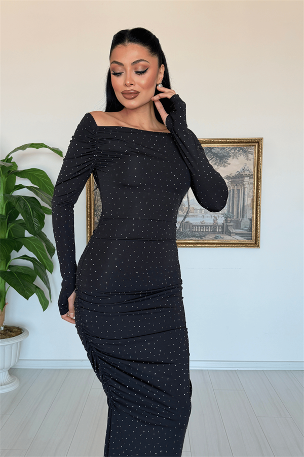 Modal Kumaş Taş Eldiven Detaylı Elbise - SİYAH