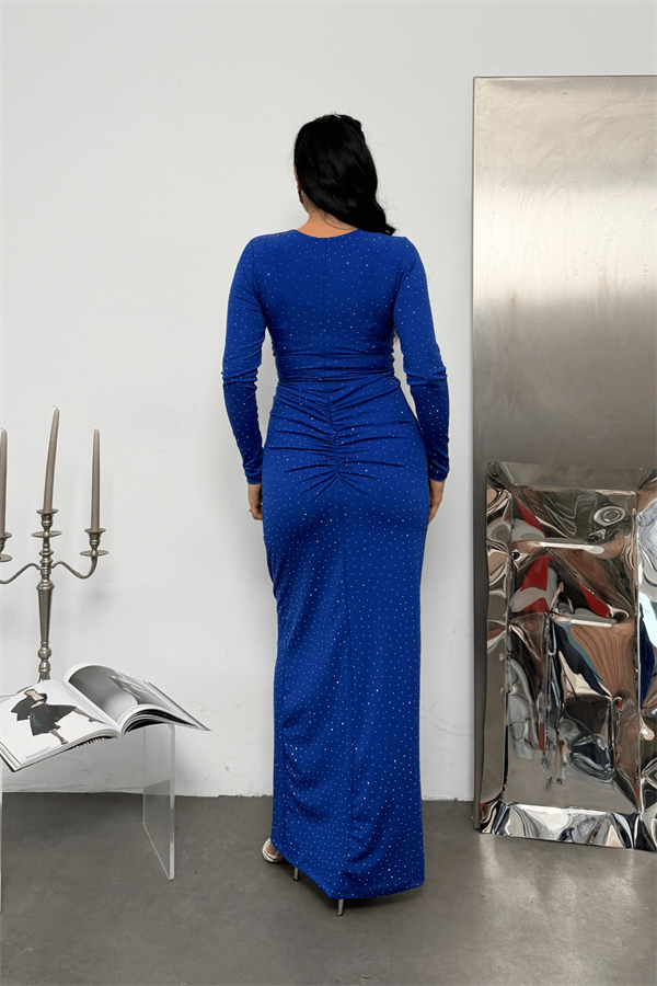 Modal Taşlı Kumaş Düğüm Detaylı Elbise - SAKS MAVİ