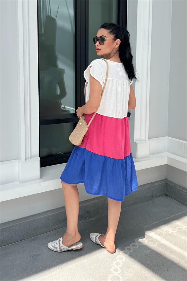 Müslin Kumaş Renkli Salaş Elbise  - MAVİ