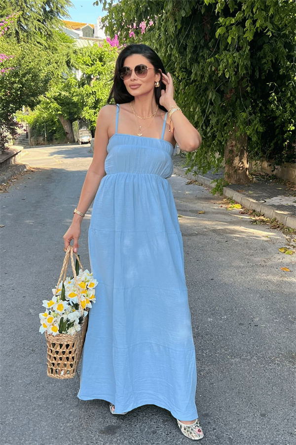 Müslin Kumaş Uzun Elbise - BEBE MAVİSİ