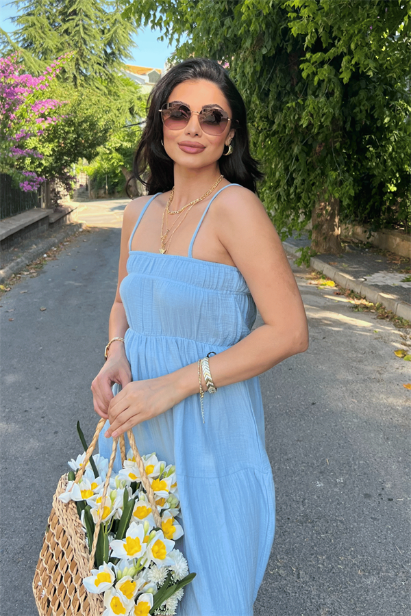 Müslin Kumaş Uzun Elbise - BEBE MAVİSİ