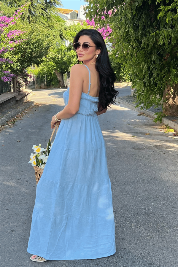 Müslin Kumaş Uzun Elbise - BEBE MAVİSİ