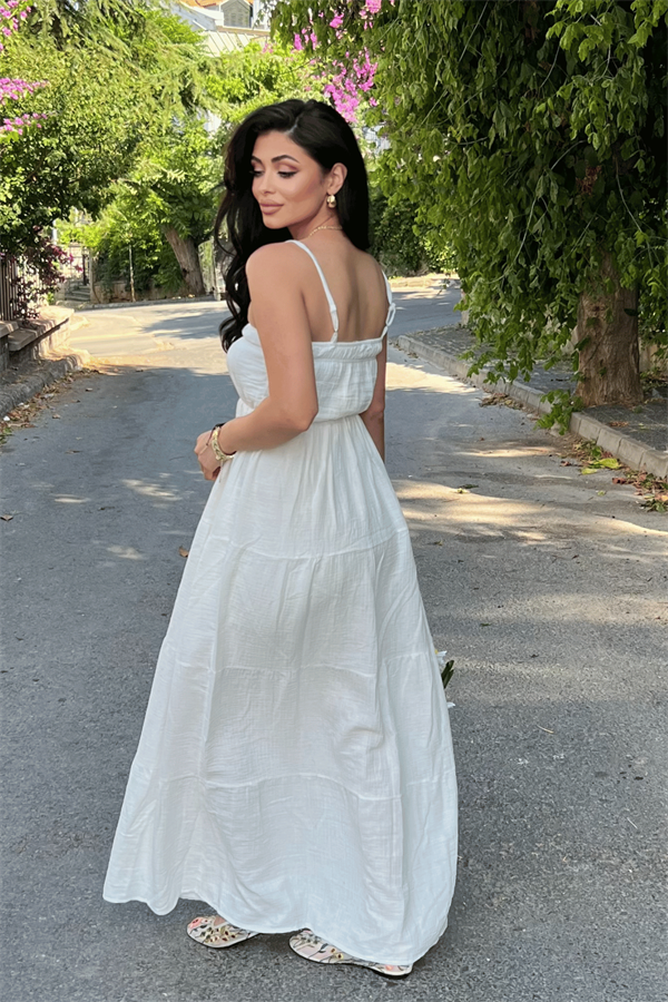 Müslin Kumaş Uzun Elbise - BEYAZ