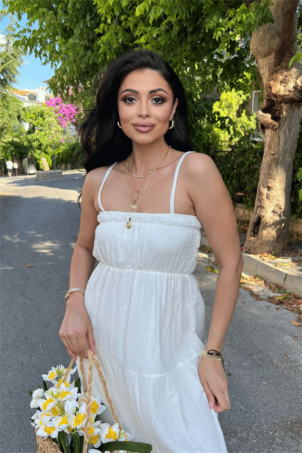 Müslin Kumaş Uzun Elbise - BEYAZ