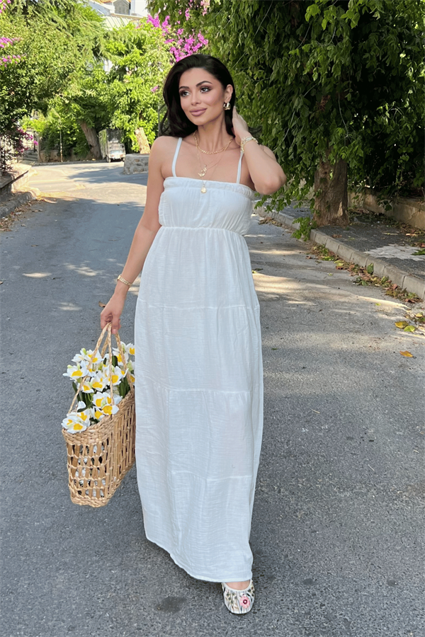 Müslin Kumaş Uzun Elbise - BEYAZ