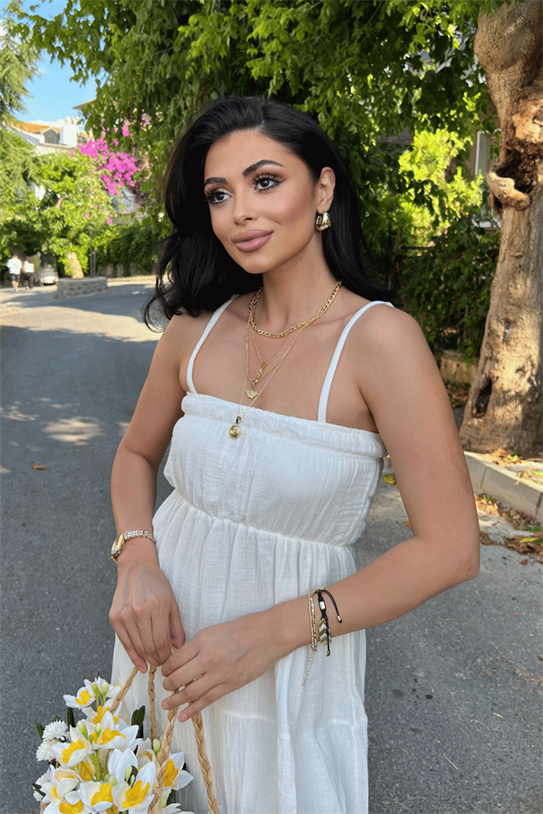 Müslin Kumaş Uzun Elbise - BEYAZ