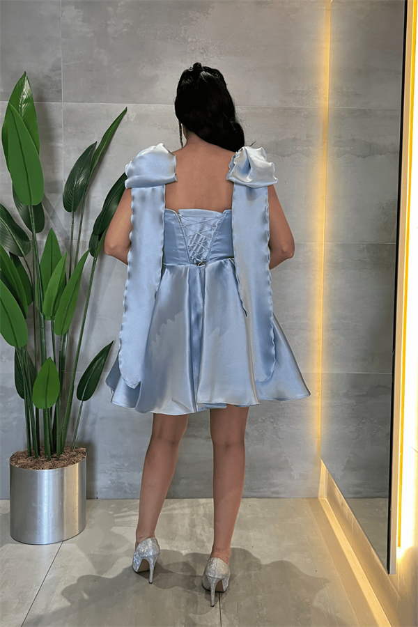 Organize Saten Kumaş Prenses Mini Elbise - BEBE MAVİSİ