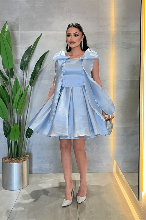 Organize Saten Kumaş Prenses Mini Elbise - BEBE MAVİSİ