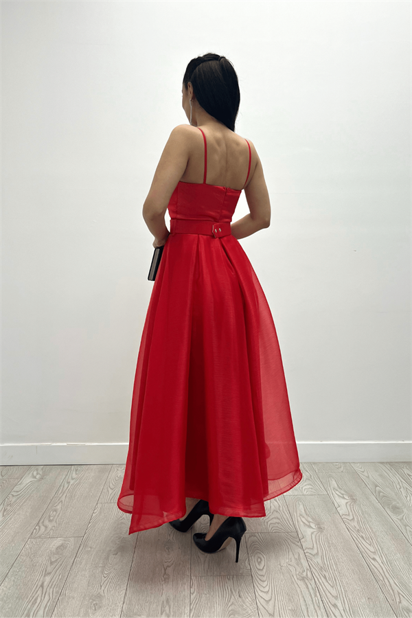 Organze Dalya Kumaş Prenses Elbise - KIRMIZI