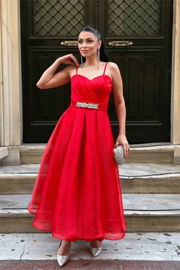 Organze Dalya Kumaş Prenses Elbise - KIRMIZI