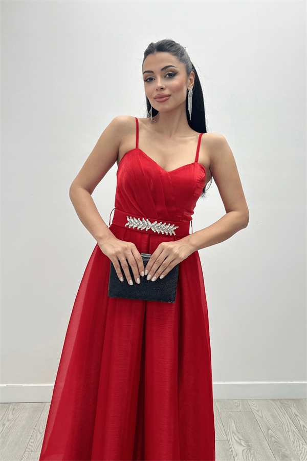 Organze Dalya Kumaş Prenses Elbise - KIRMIZI