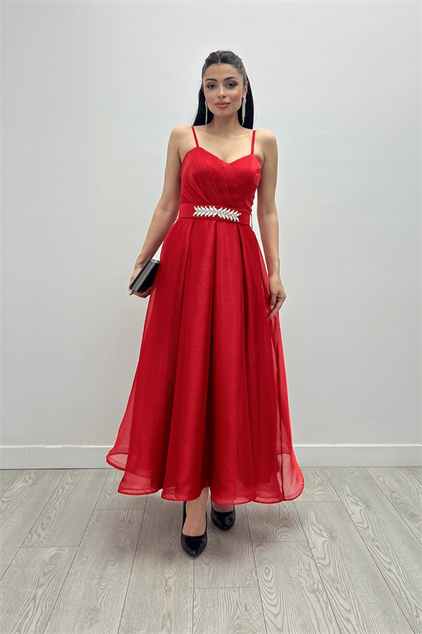 Organze Dalya Kumaş Prenses Elbise - KIRMIZI