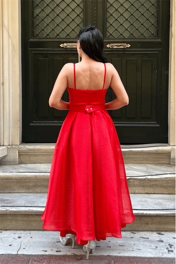 Organze Dalya Kumaş Prenses Elbise - KIRMIZI