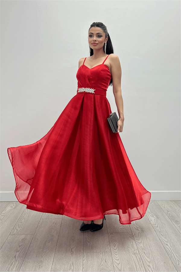Organze Dalya Kumaş Prenses Elbise - KIRMIZI