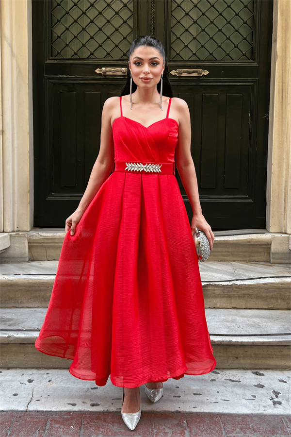 Organze Dalya Kumaş Prenses Elbise - KIRMIZI