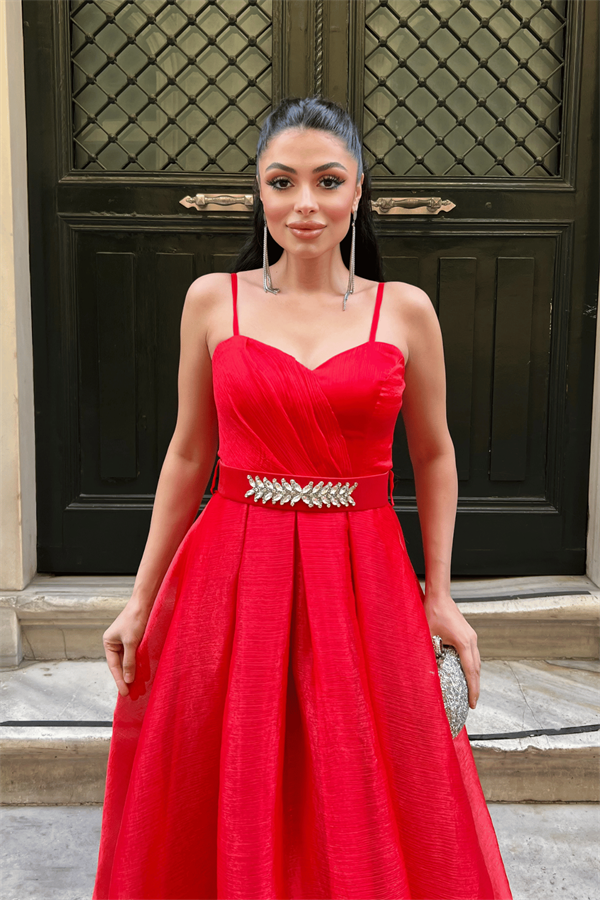 Organze Dalya Kumaş Prenses Elbise - KIRMIZI