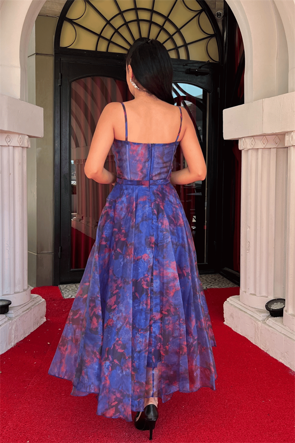 Organze Kumaş Askılı Midi Elbise - MAVİ