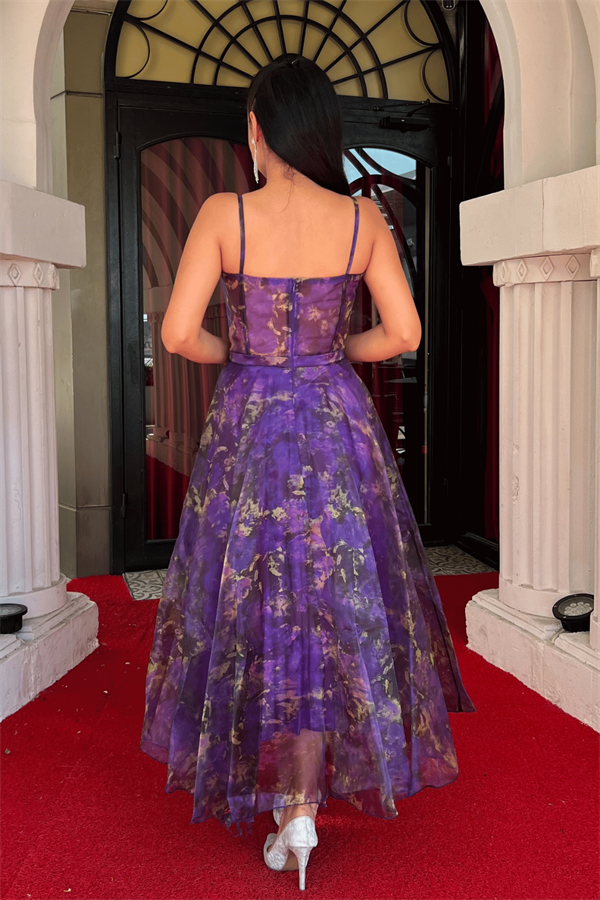 Organze Kumaş Askılı Midi Elbise - MOR