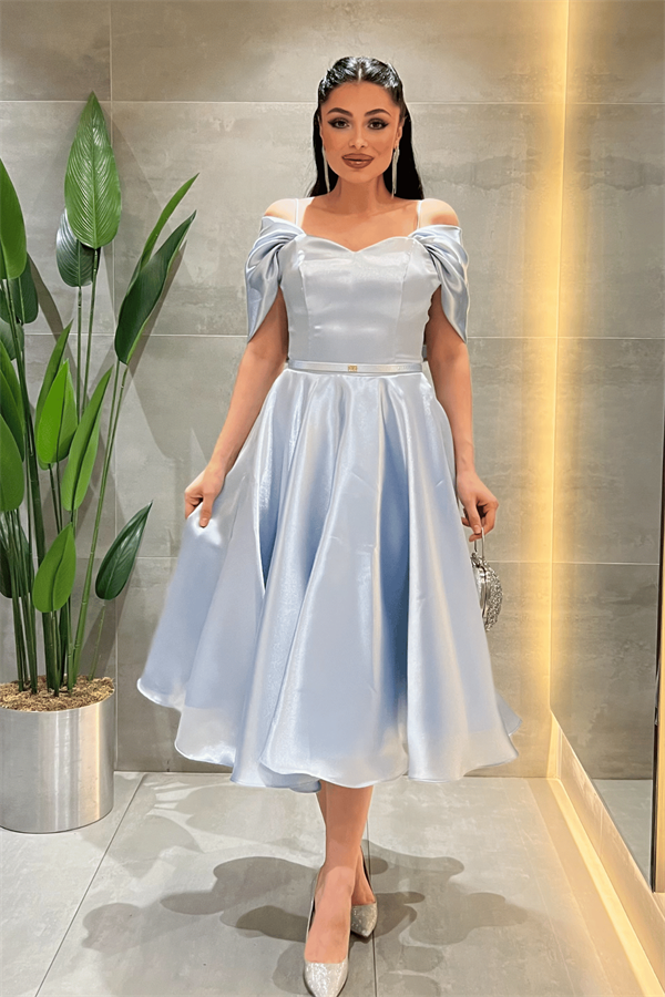 Organze Kumaş Düşük Omuz Midi Elbise - BEBE MAVİSİ