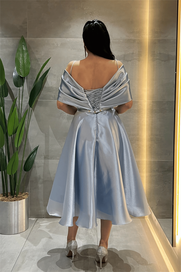 Organze Kumaş Düşük Omuz Midi Elbise - BEBE MAVİSİ