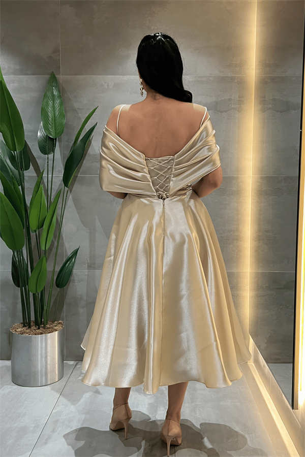 Organze Kumaş Düşük Omuz Midi Elbise - KREM