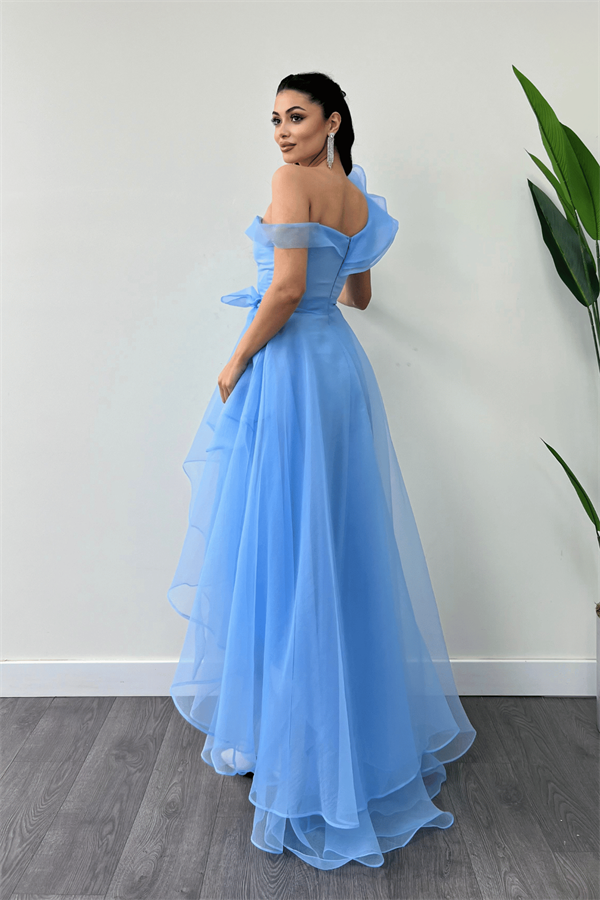 Organze Kumaş Kat Kat Abiye Elbise - BEBE MAVİSİ