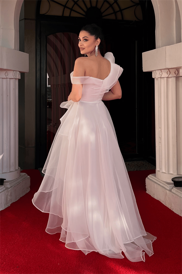 Organze Kumaş Kat Kat Abiye Elbise - BEYAZ