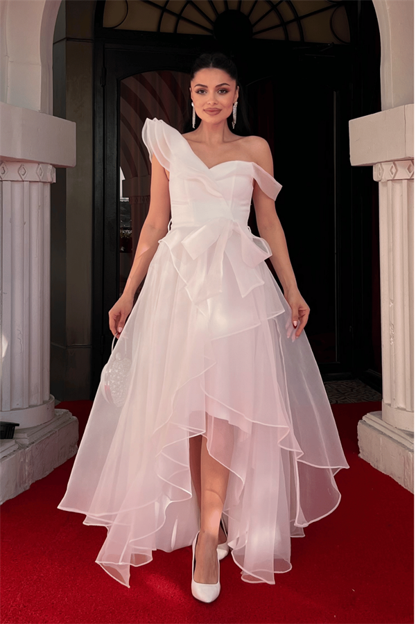 Organze Kumaş Kat Kat Abiye Elbise - BEYAZ