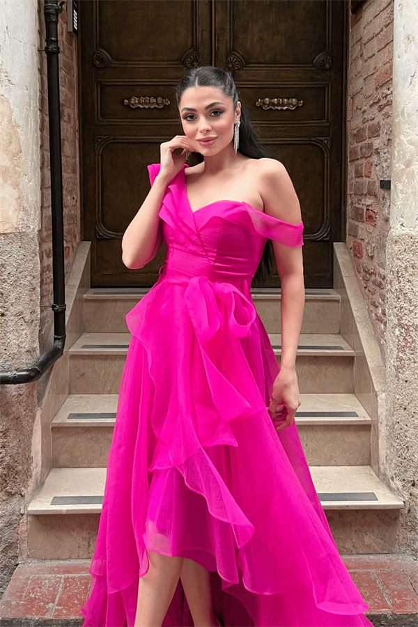 Organze Kumaş Kat Kat Abiye Elbise - FUŞYA