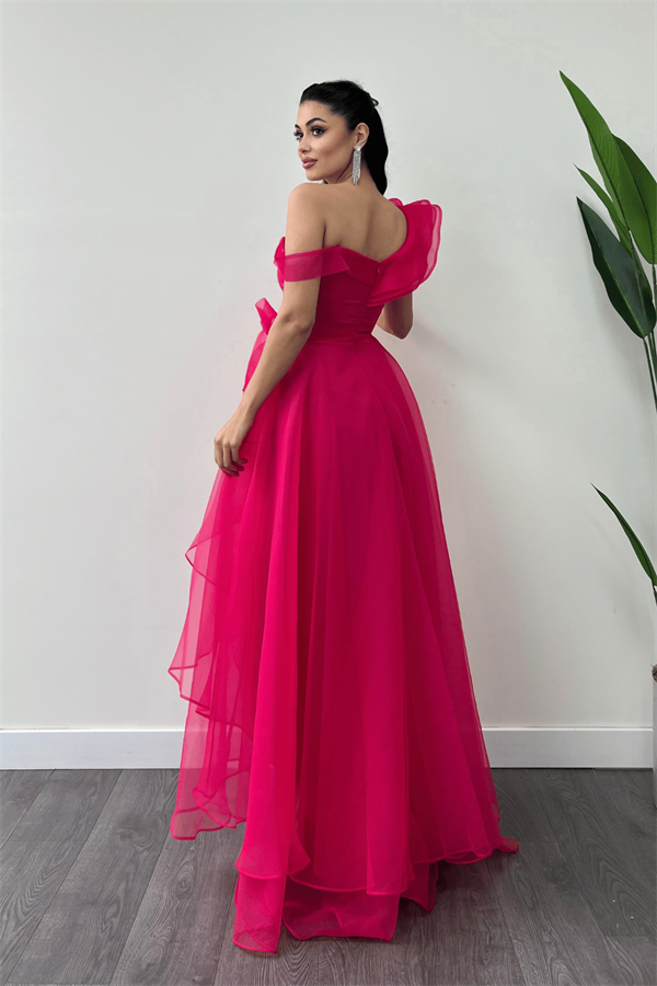 Organze Kumaş Kat Kat Abiye Elbise - FUŞYA
