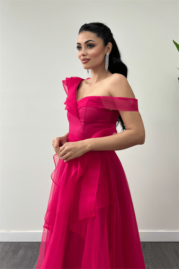 Organze Kumaş Kat Kat Abiye Elbise - FUŞYA